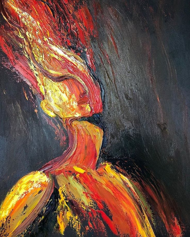 This may contain: an abstract painting with red and yellow colors