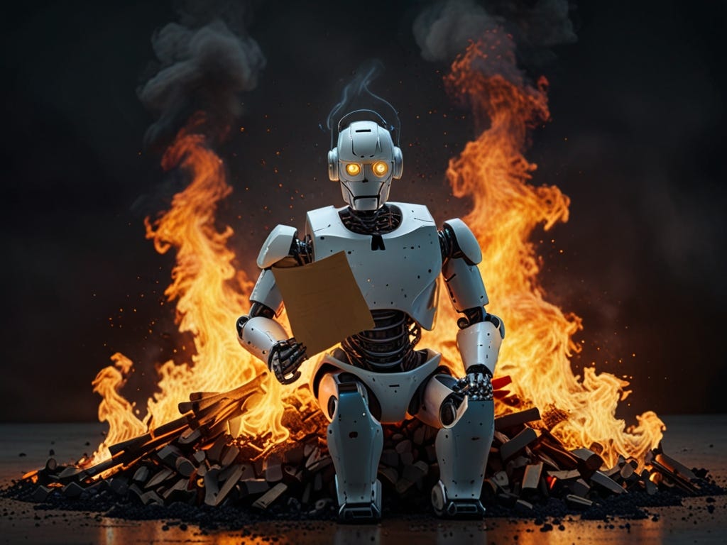 a robot looking a multiple resumes and throwing them in a burning pile