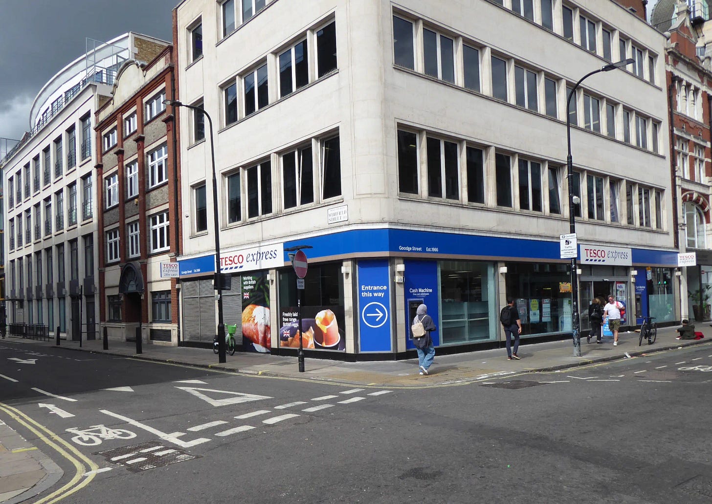 View from street of Goodge Street Tesco on the corner with Whitfield Street, Fitzrovia, London, View from street of Goodge Street Tesco on the corner with Whitfield Street, Fitzrovia, London,