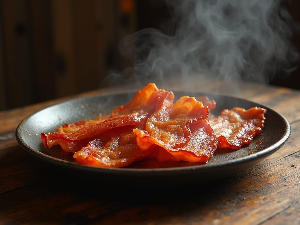 Steam rising from a large plate of bacon, sitting on a wood table, blurred background
