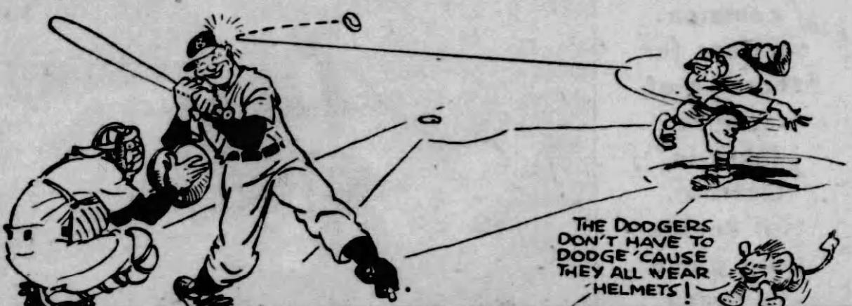 Cartoon showing pitcher bouncing a ball harmlessly off a smiling Dodger's head. Cartoon showing pitcher bouncing a ball harmlessly off a smiling Dodger's head.