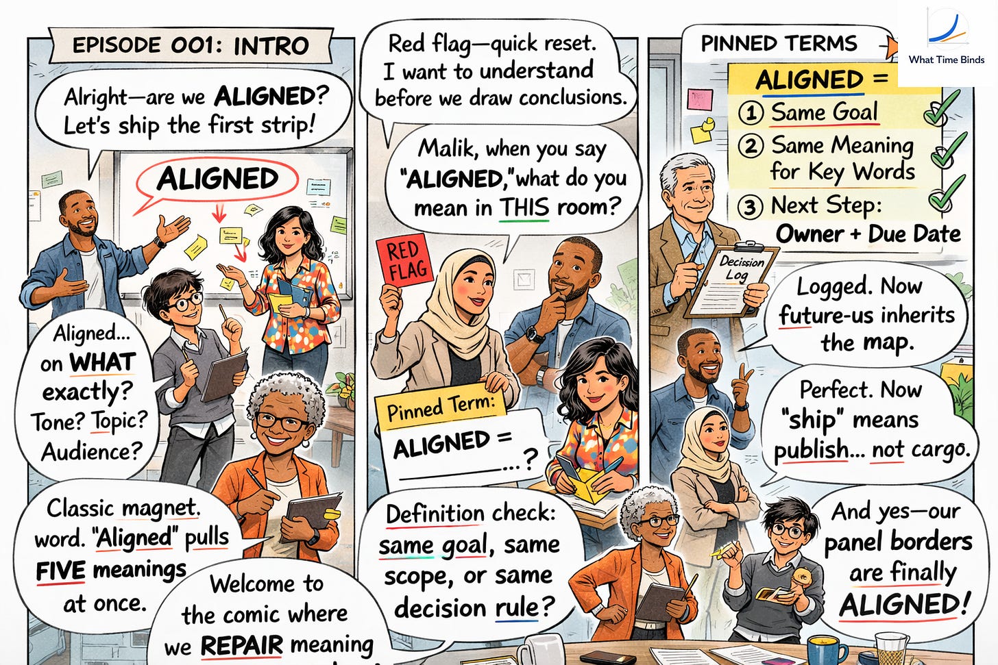 Three-panel comic in an ops room. Malik asks if the team is “ALIGNED” so they can ship the first strip. Juno asks “Aligned on what exactly—tone, topic, audience?” Lila calls “aligned” a magnet word that pulls five meanings at once. Amina raises a red-flag card for a quick reset and asks what “ALIGNED” means in this room. The team pins a definition on the “Pinned Terms” wall: same goal, same meaning for key words, and next step with owner plus due date. Hart logs it in a Decision Log. Malik jokes that “ship” means publish, not cargo.
