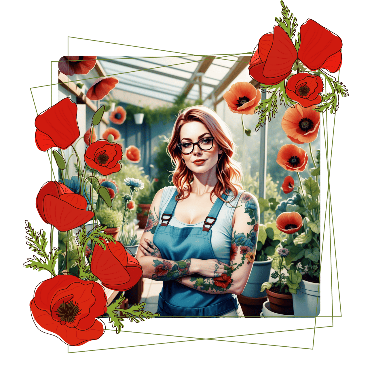 An image of a smart woman in her greenhouse, there are red poppies around her and she has red hair that frames her face 