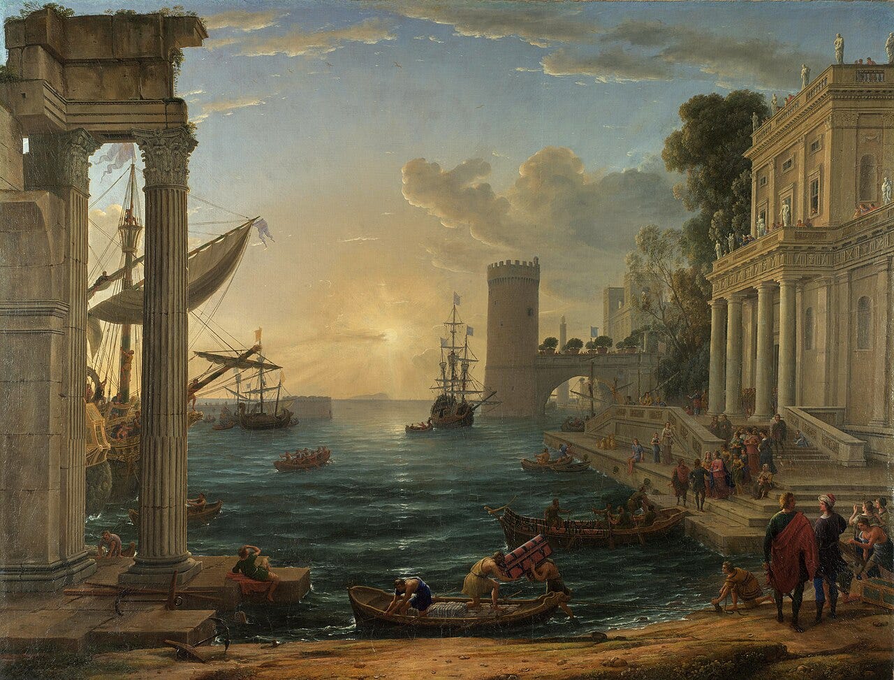 Claude Lorrain's sunlit seaport with ships and a biblical embarkation scene Claude Lorrain's sunlit seaport with ships and a biblical embarkation scene