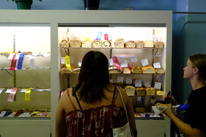Overhead shot of attendees, friends in the gondola behind me on the Skyride, seed art wall at the Crop Art show, attendee looking over loaves of bread, amusement rides, golden hour behind the crowd, Sweet Martha's Cookies at night.