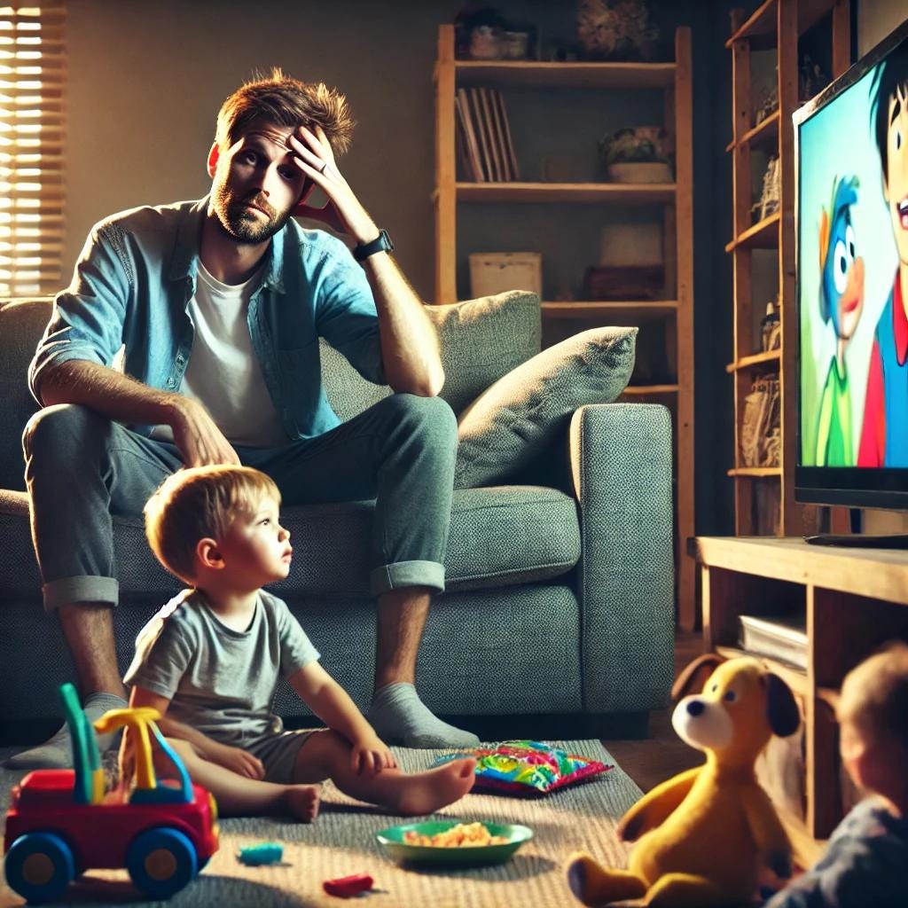 A tired father sits on the couch, resting his head in his hand with a stressed expression. In front of him, his children sit on the floor, completely engrossed in watching TV. The bright screen contrasts with the dimly lit, cluttered living room, which has scattered toys and snacks around, emphasizing the father’s exhaustion.