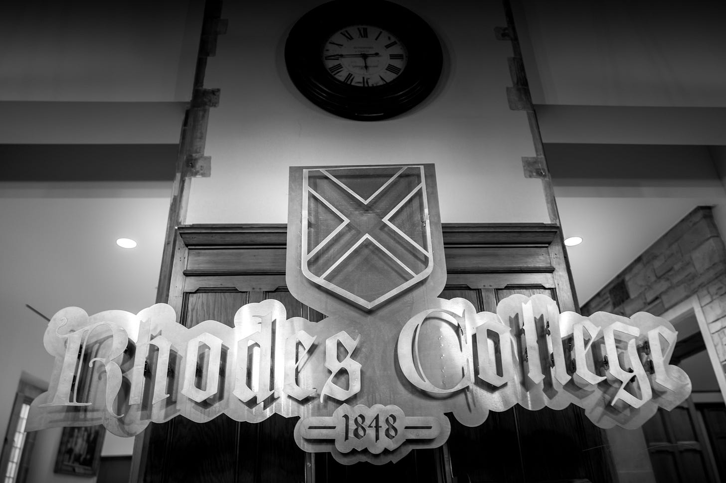 Rhodes College sign with clock & founding date 1848 Rhodes College sign with clock & founding date 1848