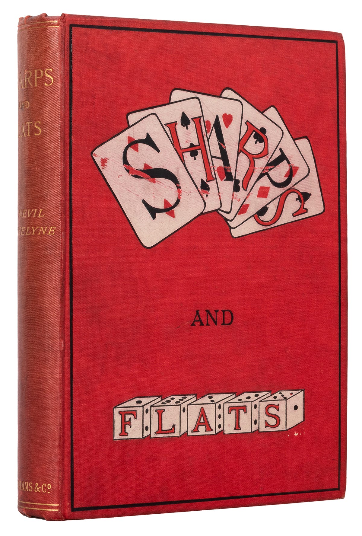 A red hardbacked book with the word "SHARPS" witten on playing cards and the word "FLATS" written on the sides of five dice. A red hardbacked book with the word "SHARPS" witten on playing cards and the word "FLATS" written on the sides of five dice.