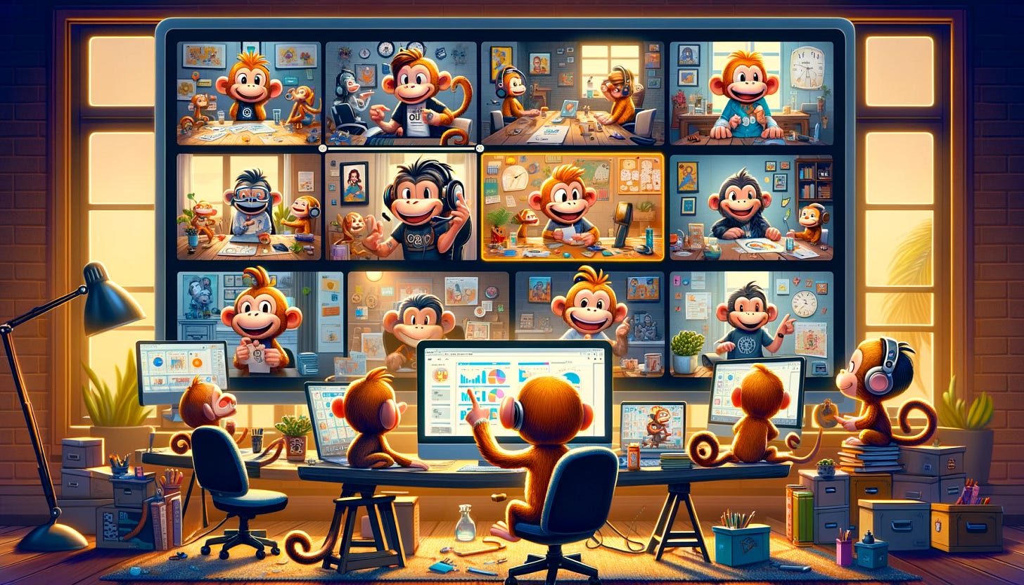 A whimsical and imaginative scene of cartoon monkeys having a remote product development meeting. The image shows a computer screen with multiple video call windows, each displaying a cartoon monkey in different home office settings. These monkeys, dressed in casual or business attire, are shown actively engaging in discussion, pointing at digital charts or documents on their screens. The background in each window reflects a unique and playful home office environment, with elements like colorful decor, tech gadgets, and makeshift desks. The overall atmosphere is lively and collaborative, capturing the essence of remote teamwork in a fun and creative way.