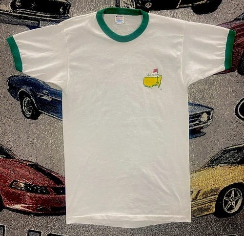 Vintage 80s Champion Masters Ringer T-Shirt Golf Tournament White Size Medium - Picture 1 of 7