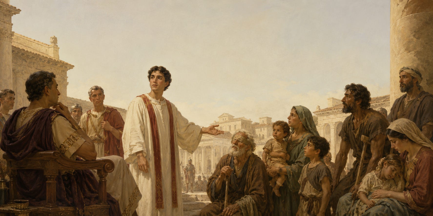 St. Lawrence stands with the poor before Roman officials.