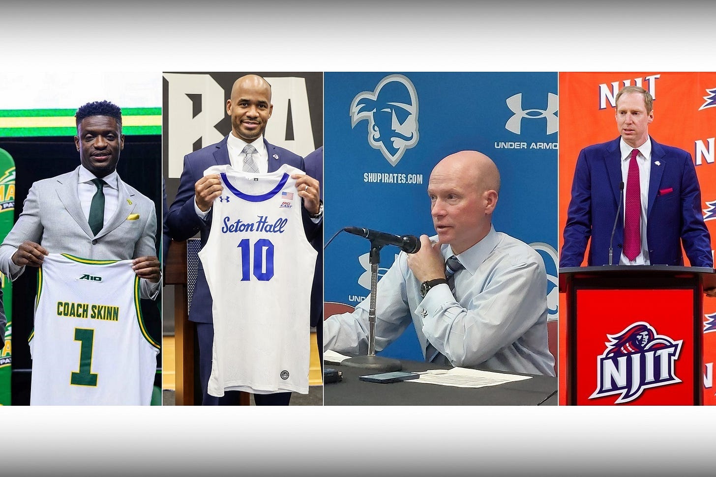 Tony Skinn (far left), Shaheen Holloway (center left) and Grant Billmeier (far right) all got Division I head coaching jobs after working for Kevin Willard (center right) at Seton Hall. (Skinn photo courtesy of George Mason athletics; Holloway photo courtesy of Seton Hall athletics; Willard photo by Adam Zielonka; Billmeier photo by Matt Kipp / courtesy of NJIT athletics) Tony Skinn (far left), Shaheen Holloway (center left) and Grant Billmeier (far right) all got Division I head coaching jobs after working for Kevin Willard (center right) at Seton Hall. (Skinn photo courtesy of George Mason athletics; Holloway photo courtesy of Seton Hall athletics; Willard photo by Adam Zielonka; Billmeier photo by Matt Kipp / courtesy of NJIT athletics)