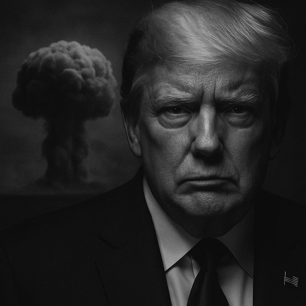 Black-and-white image showing a close-up of Donald Trump’s glowering face, partially in shadow, fading toward the bottom. A large mushroom cloud looms in the background on the left, evoking a tense and ominous atmosphere.
