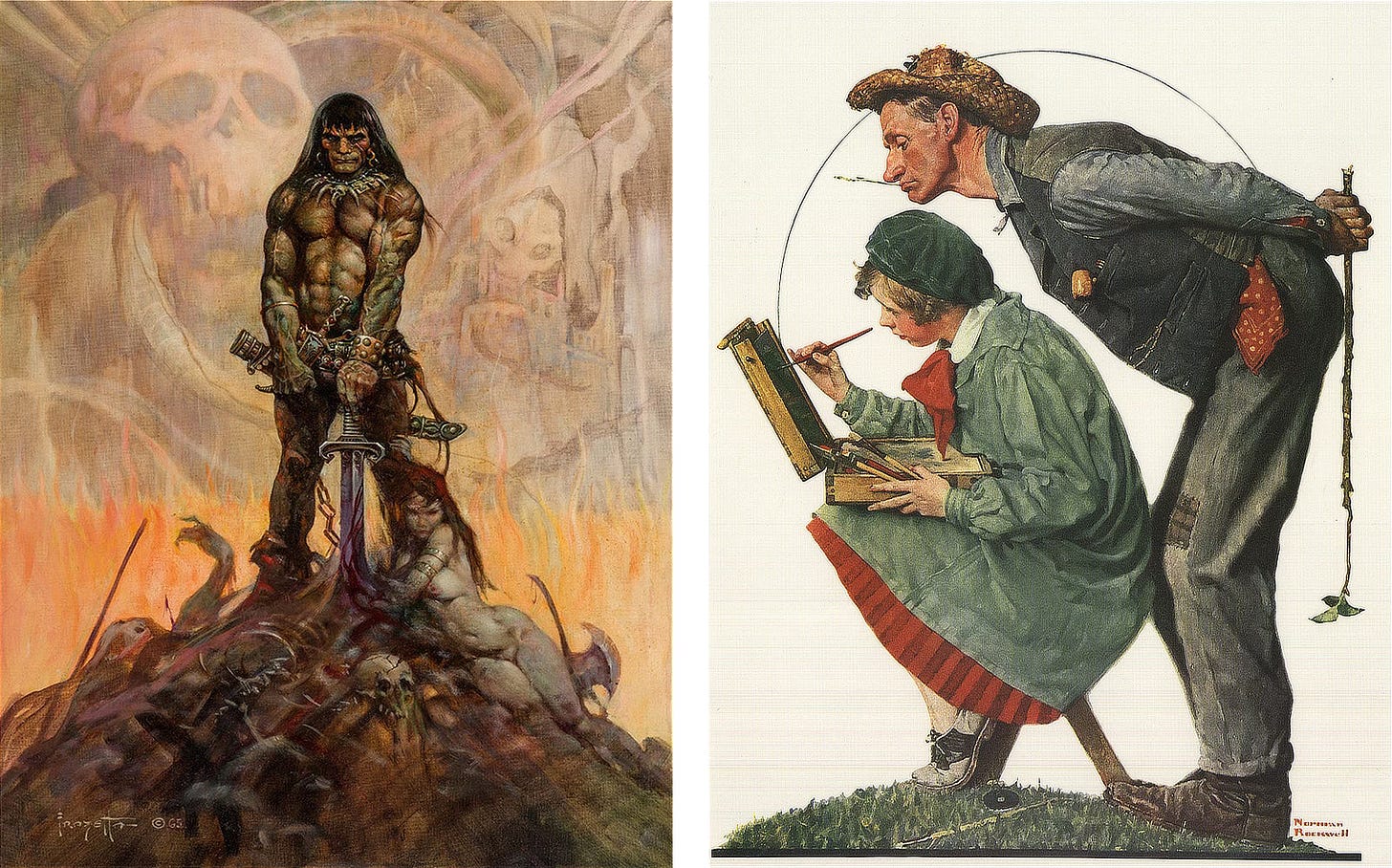 LEFT: A well-muscled, bare chested barbarian stands atop a mound with a naked damsel draped over one slope. His sword is planted in the ground with his fingers grasping the pommel. The scabbard slung low behind him is empty. The background is an abstract combination of a skull in the upper left and another hooded skull over a mountaintop castle on the right. A wall of flames rises on the horizon. RIGHT: A young woman in denim smock with red dress beneath and beret atop her head works with a portable easel box set on her lap. As she hunches over with brush in hand, a man in rustic outfit leans uncomfortably over her. He wears a straw hat on his head, a stalk of hay at his lips, and a tree-branch switch behind his back. A red handkerchief dangles from his pocket. LEFT: A well-muscled, bare chested barbarian stands atop a mound with a naked damsel draped over one slope. His sword is planted in the ground with his fingers grasping the pommel. The scabbard slung low behind him is empty. The background is an abstract combination of a skull in the upper left and another hooded skull over a mountaintop castle on the right. A wall of flames rises on the horizon. RIGHT: A young woman in denim smock with red dress beneath and beret atop her head works with a portable easel box set on her lap. As she hunches over with brush in hand, a man in rustic outfit leans uncomfortably over her. He wears a straw hat on his head, a stalk of hay at his lips, and a tree-branch switch behind his back. A red handkerchief dangles from his pocket.