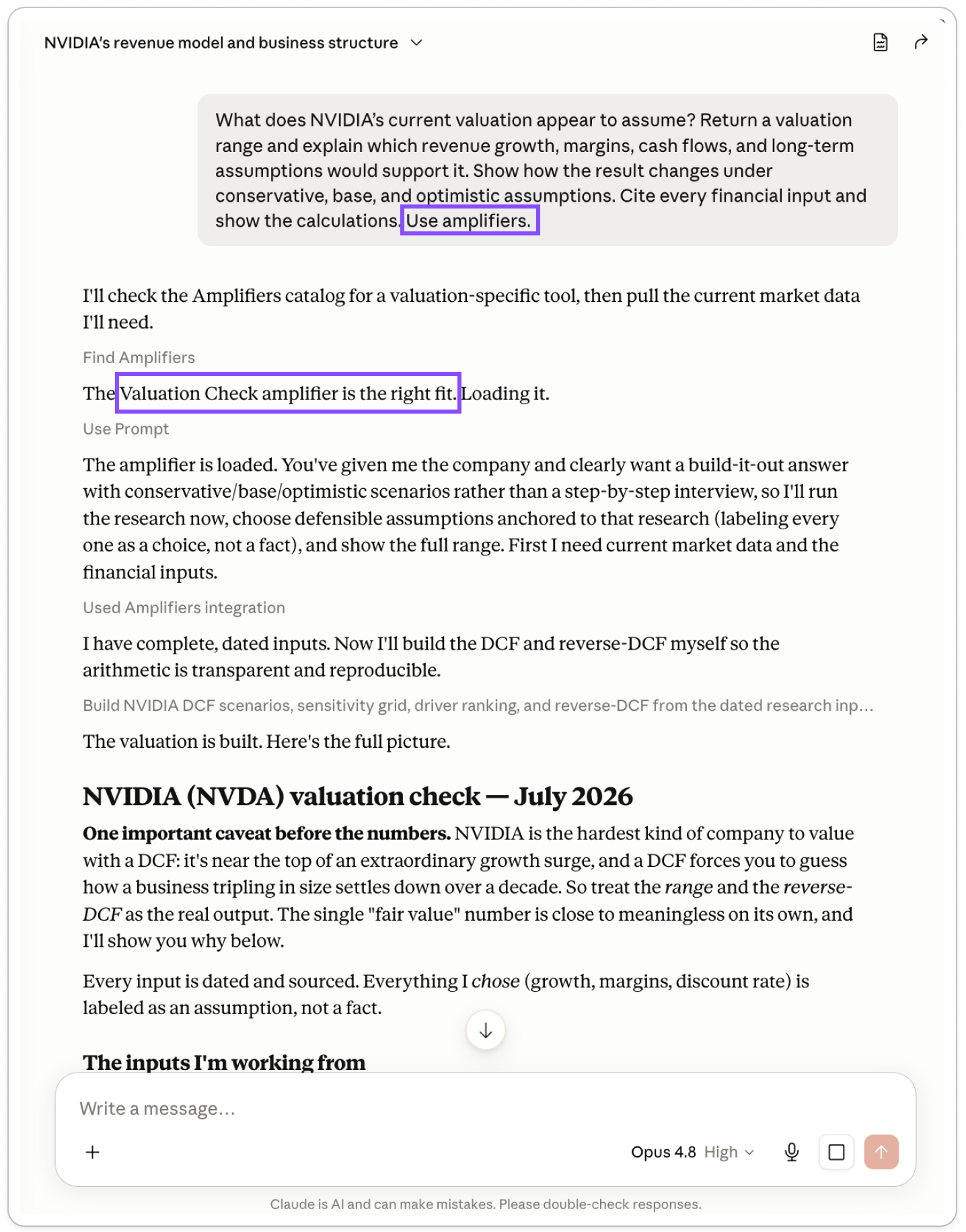 The Valuation Check amplifier builds a DCF valuation range for any public company, shown here running on NVIDIA from a plain-English question in Claude.