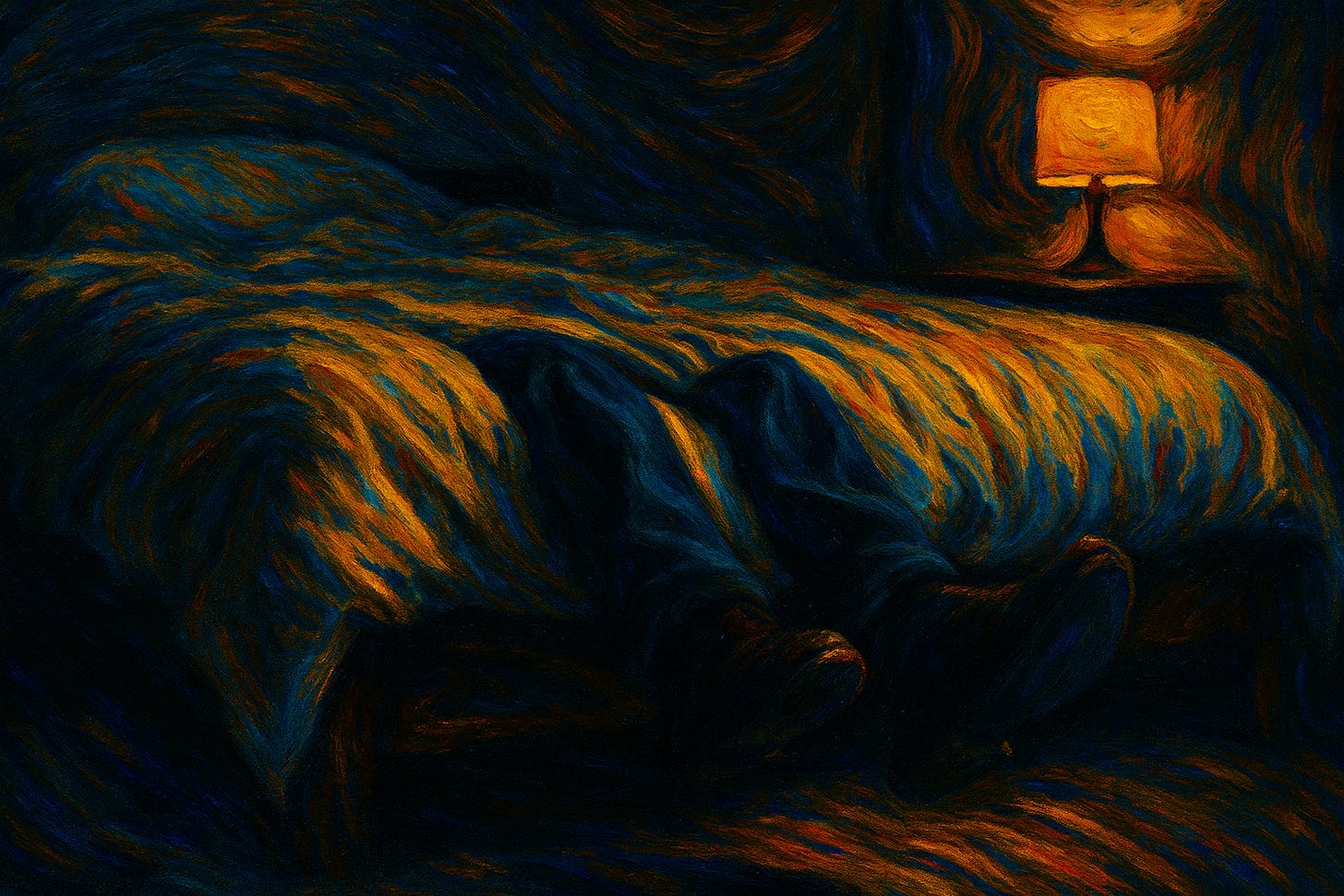 Expressionist painting of a dim bedroom with a glowing lamp on a nightstand. A person lies face down on the bed, only their legs in dark trousers and shoes hang limply off the edge. The scene swirls with deep blues and fiery oranges, creating a haunting, uneasy atmosphere. Expressionist painting of a dim bedroom with a glowing lamp on a nightstand. A person lies face down on the bed, only their legs in dark trousers and shoes hang limply off the edge. The scene swirls with deep blues and fiery oranges, creating a haunting, uneasy atmosphere.