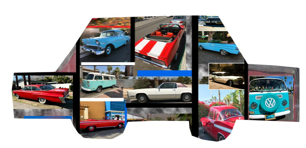 Car collage cut into the shape of a car