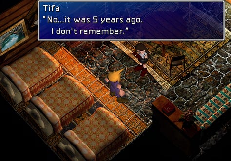Tifa: "..." — "How bad was I after Sephiroth stabbed me?" — "No...it was 5 years ago. I don't remember."