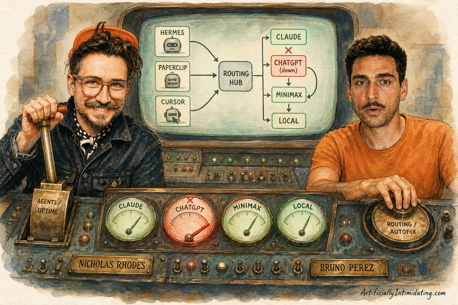 Watercolor illustration of Nicholas Rhodes and Bruno Perez at a retro control desk with dials labeled Claude, ChatGPT, Minimax and Local; the screen behind them shows AI coding agents rerouting around a downed provider.