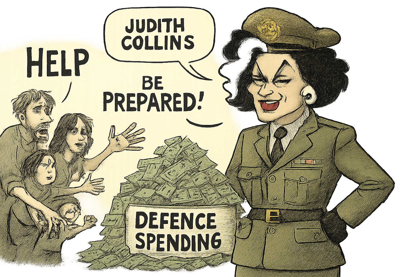 Political cartoon depicting Judith Collins as Cruella de Vil in military context Political cartoon depicting Judith Collins as Cruella de Vil in military context
