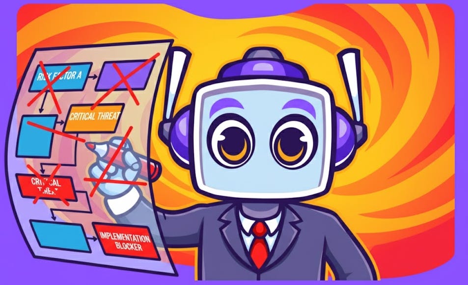 A blue and purple Neuralbuddy character in a suit marks critical risk factors like "Critical Threat" and "Implementation Blocker" on a strategic framework document with red X's, set against a vibrant orange and purple gradient background. A blue and purple Neuralbuddy character in a suit marks critical risk factors like "Critical Threat" and "Implementation Blocker" on a strategic framework document with red X's, set against a vibrant orange and purple gradient background.