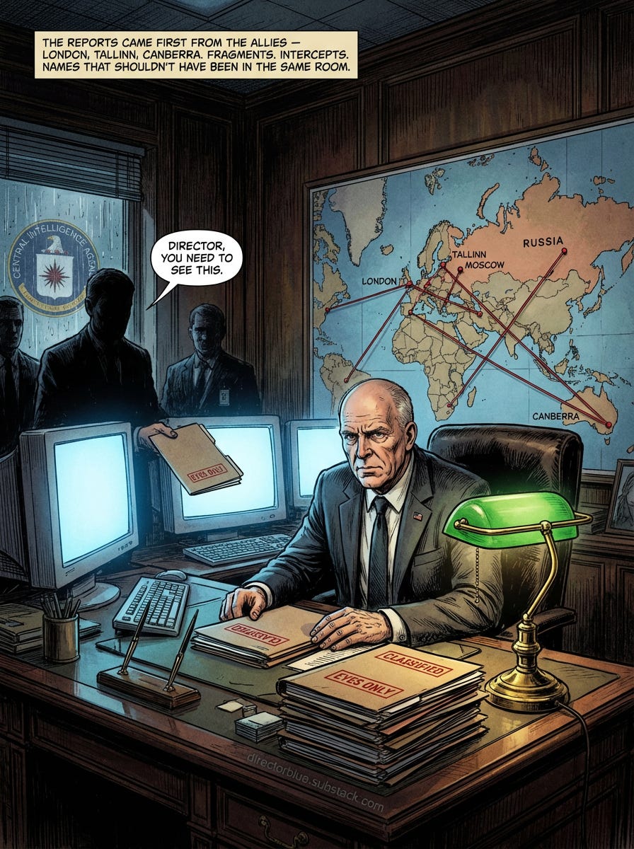 Image PromptPaolo Serpieri style full color hyper-detailed graphic novel panel 34 portrait aspect ratio A darkened wood-paneled intelligence office deep inside CIA headquarters at Langley The room is lit only by the cold blue glow of multipl_image_1