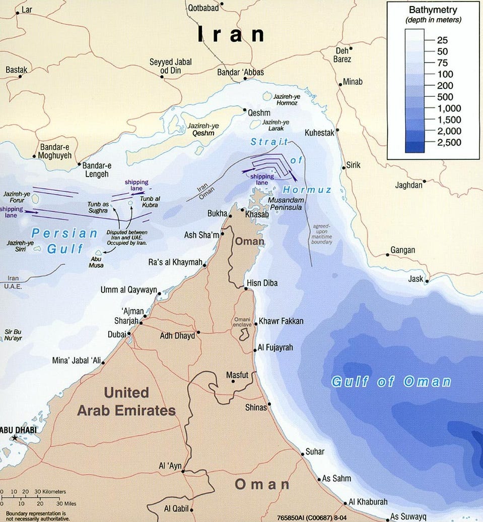 Map of the Strait of Hormuz from 2004, showing shipping lanes and surrounding countries Iran, Oman, and UAE.