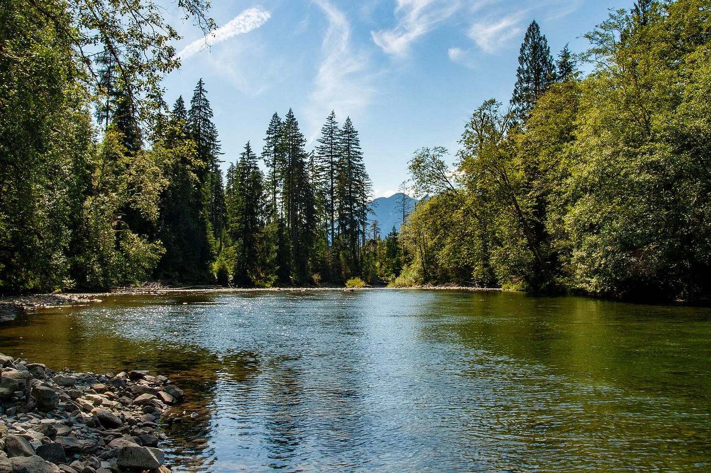 looking downriver from the rocky shoreline towards a distant blue-hazed mountain beneath a blue sky striped with wispy white clouds, the river green and blue reflecting the sky and lush trees overhanging the far bank