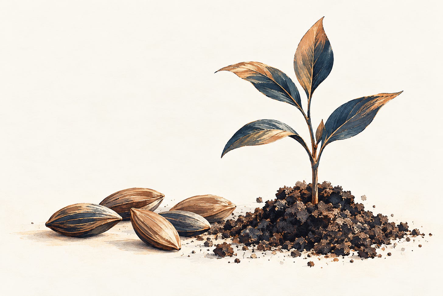 Illustration of seeds beside a young tree.