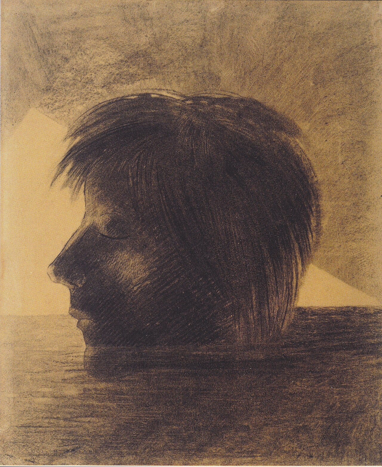 Redon's Orpheus, the poet's severed head resting on his lyre in dreamy color Redon's Orpheus, the poet's severed head resting on his lyre in dreamy color