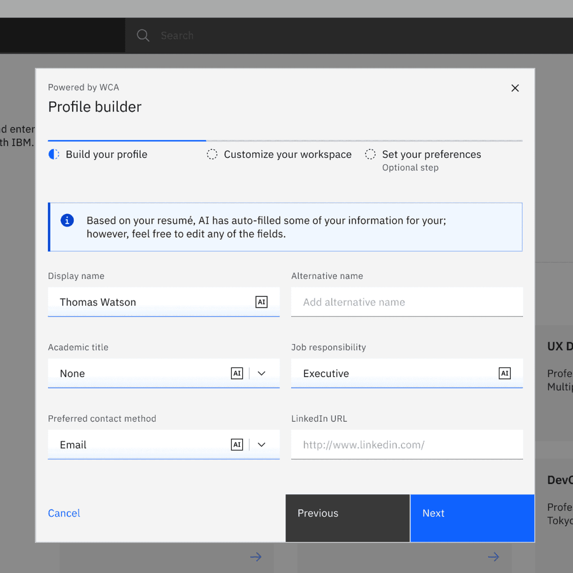 Carbon's AI label shown inside form inputs, marking which fields were generated by AI