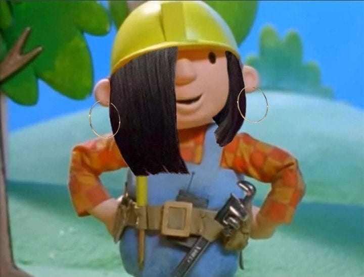 bob the builder wearing a wig and hoop earrings