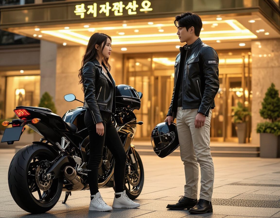 A teenage girl and a young man stand facing each other beside a sleek black motorcycle in front of a brightly lit hotel entrance. The girl, wearing a black leather jacket, black pants, and white sport shoes, holds a serious expression as she looks at the man. The man, dressed in a black riding jacket, light-colored pants, and dark shoes, holds a black motorcycle helmet at his side. The atmosphere suggests a tense or emotional conversation taking place at night under the warm glow of the hotel lights, with Korean lettering above the entrance. A teenage girl and a young man stand facing each other beside a sleek black motorcycle in front of a brightly lit hotel entrance. The girl, wearing a black leather jacket, black pants, and white sport shoes, holds a serious expression as she looks at the man. The man, dressed in a black riding jacket, light-colored pants, and dark shoes, holds a black motorcycle helmet at his side. The atmosphere suggests a tense or emotional conversation taking place at night under the warm glow of the hotel lights, with Korean lettering above the entrance.