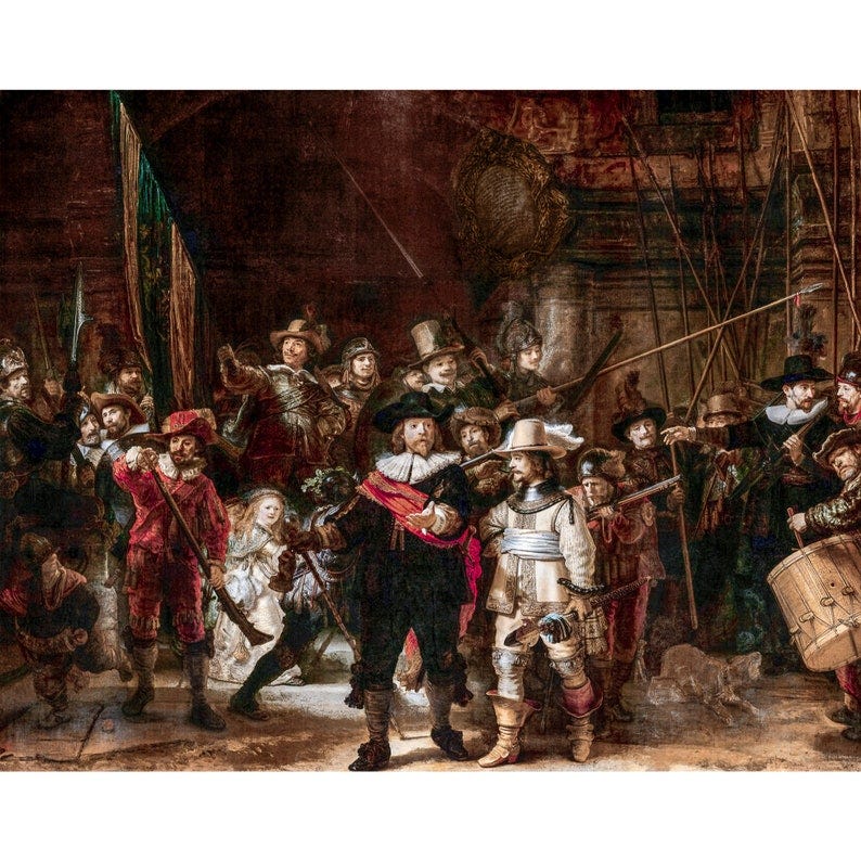 May include: A painting of a group of men in 17th-century clothing, some holding weapons, others with their hands on their hips. The men are standing in a room with a large flag in the background. The painting is in a dark, muted color palette with browns, greens, and reds.