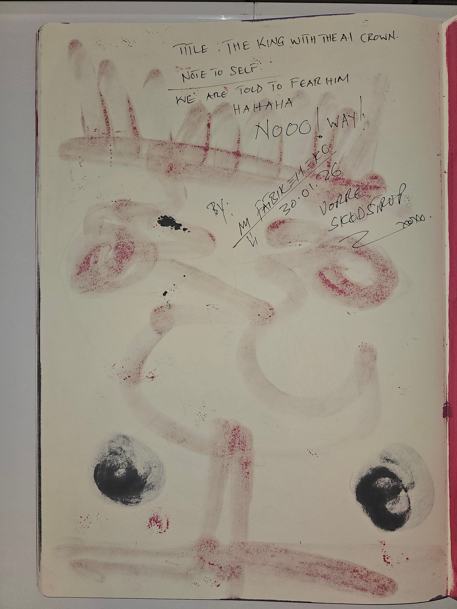 “Expressionist painting by FatbikeHero depicting a crowned grotesque figure critiquing artificial intelligence authority.”