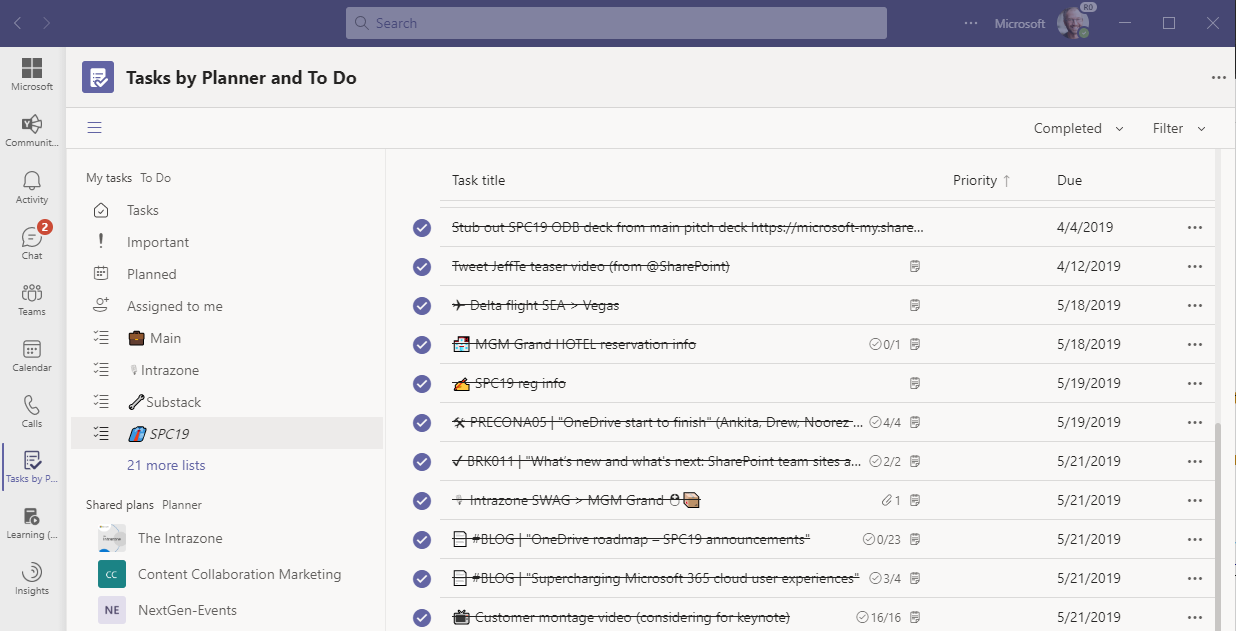 Tasks in Microsoft Teams - showing a past task list from To Do when I worked on a few to dos for SPC19. Tasks in Microsoft Teams - showing a past task list from To Do when I worked on a few to dos for SPC19.