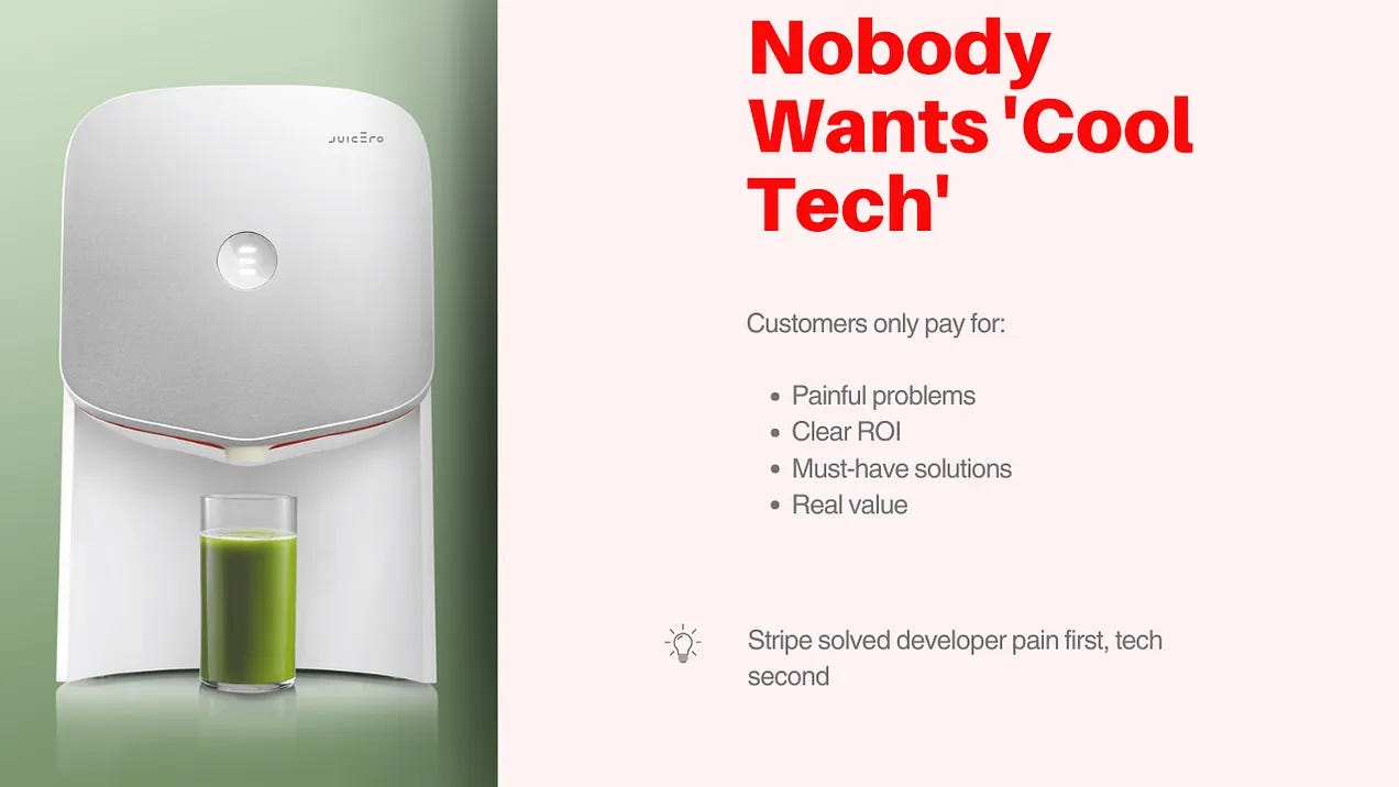 Juicero machine example with text explaining why customers prioritize solving real problems over innovative but unnecessary technology. Juicero machine example with text explaining why customers prioritize solving real problems over innovative but unnecessary technology.