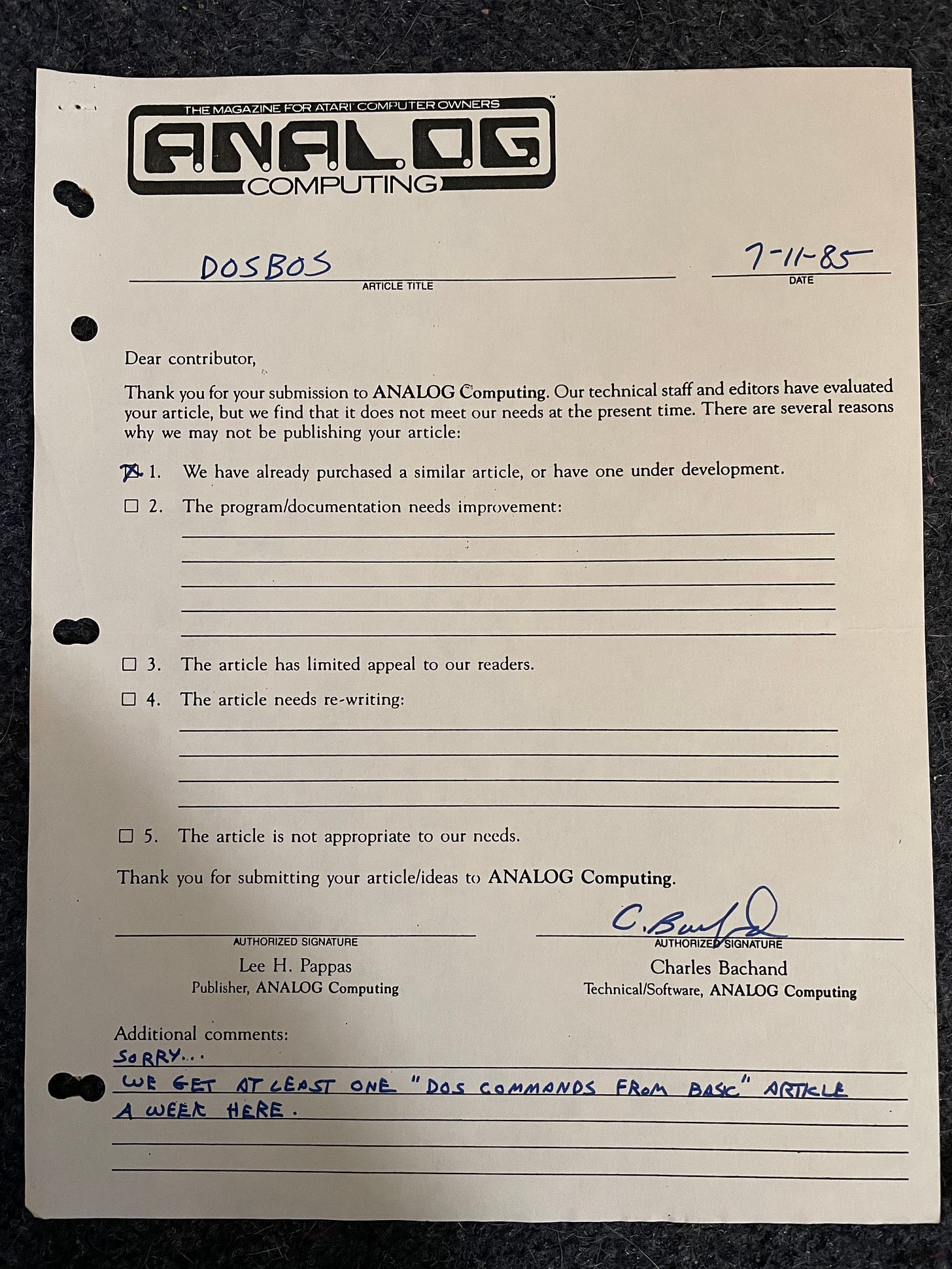 Summer of '85: DOSBOS is rejected by ANALOG Computing