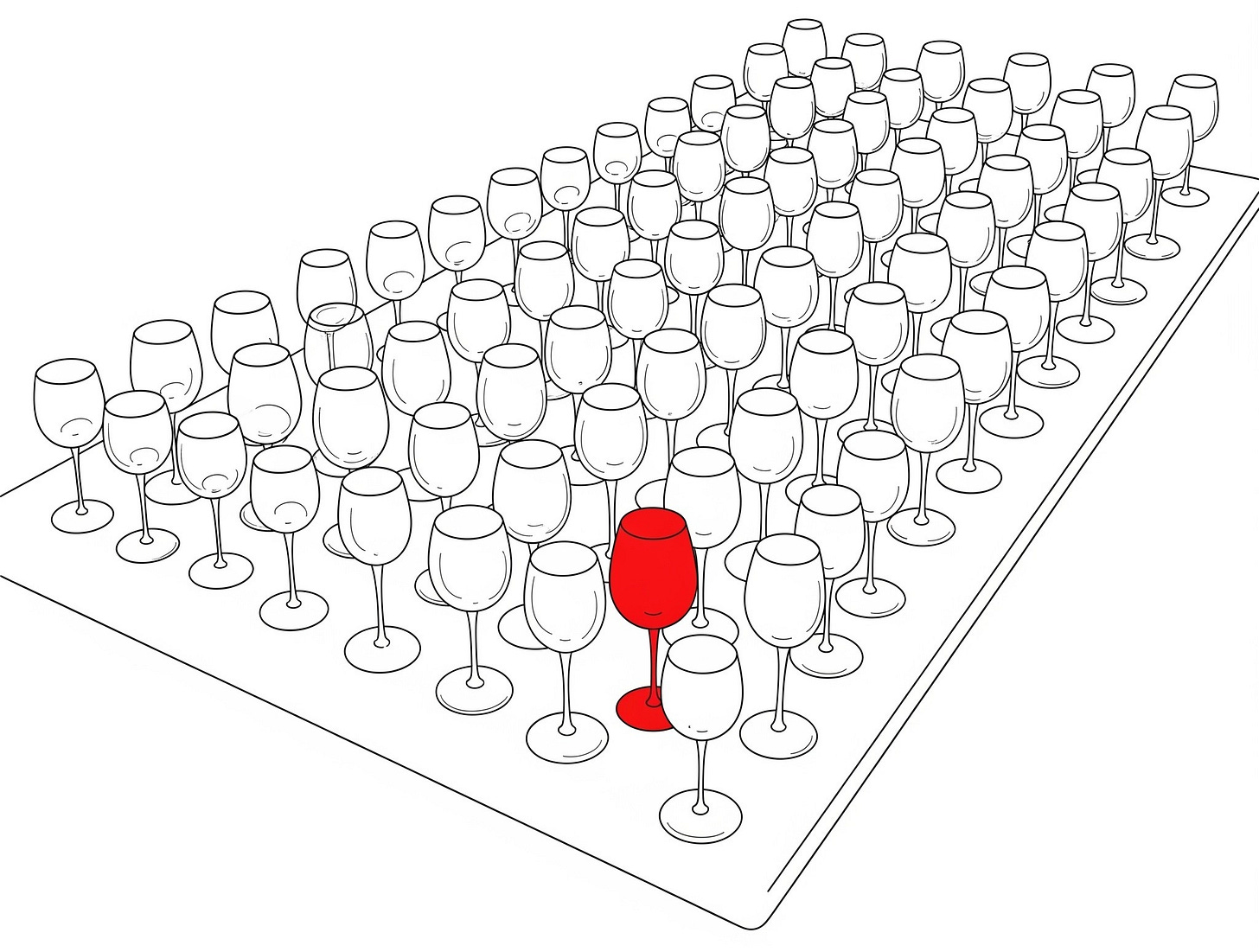 A table with many identical wine glasses on it. All the glasses are black and white oulines only, except fro one which is red.  Style is line drawing, all black except fro rone red glass