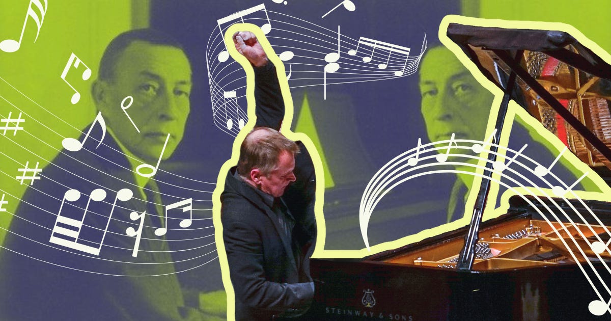 Pianist Steven Osbourne at the piano. Steven Osbourne plays Rachmaninoff with the Utah Symphony. Photo of Russian Composer Sergei Rachmaninoff in the background. Music swirls around the pianist.
