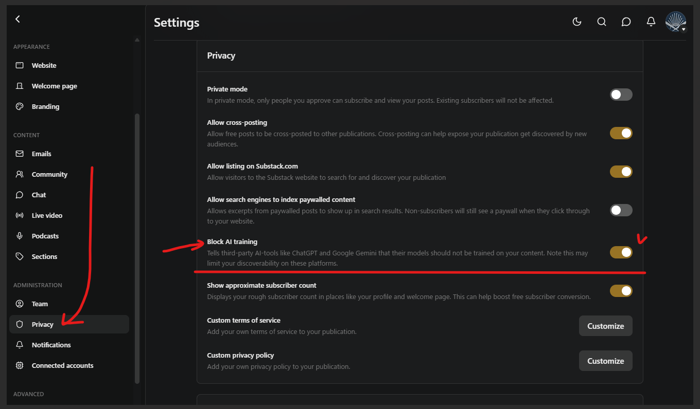 Substack、「AIの学習をブロックする」機能、あったのか。。。 - toya desk