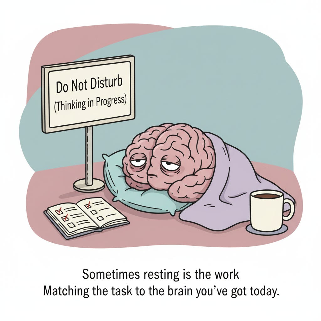 A less cute, slightly weary cartoon brain resting with sign, checklist, and coffee mug in muted calm colors. A less cute, slightly weary cartoon brain resting with sign, checklist, and coffee mug in muted calm colors.