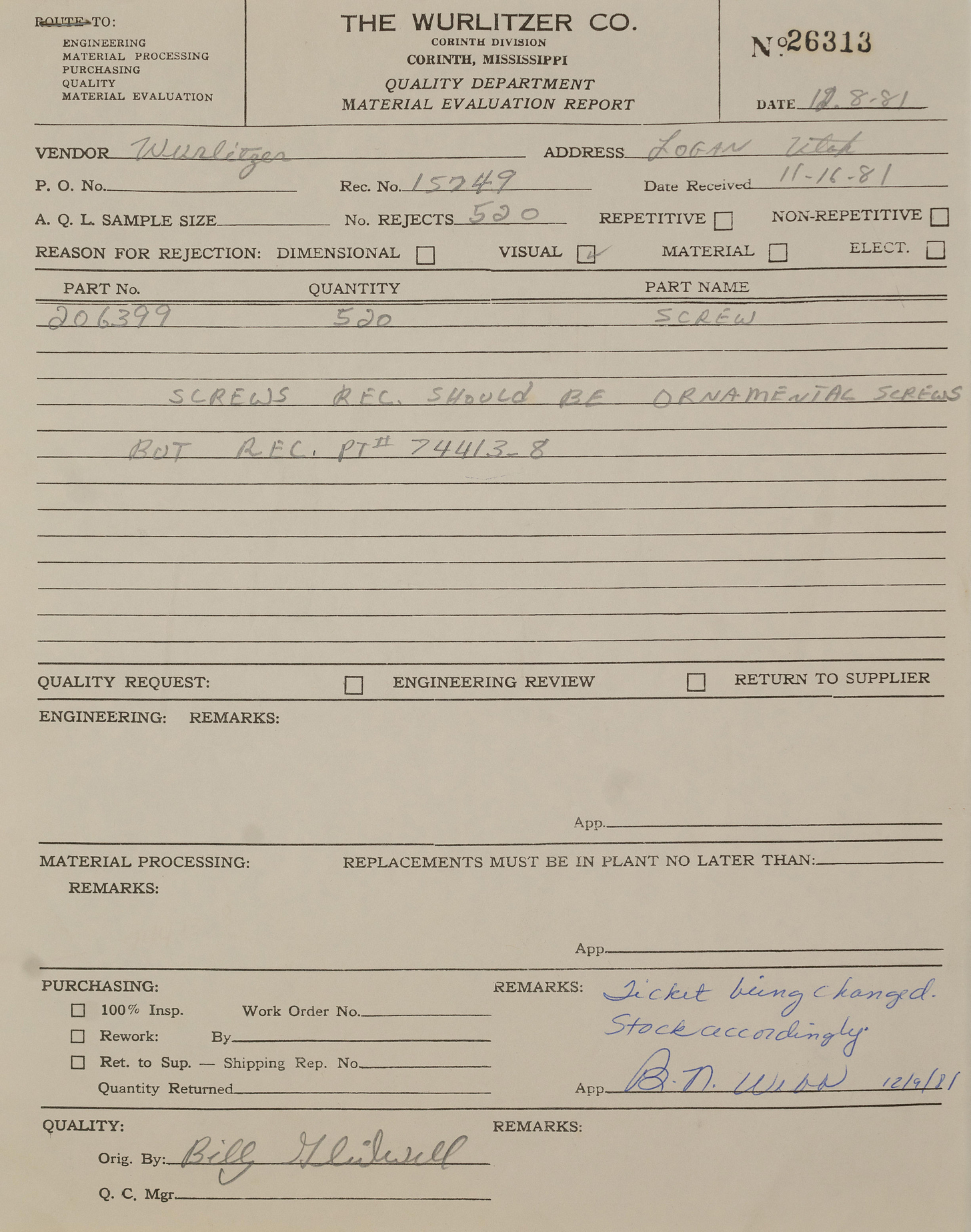 The first (by date) Quality Report we have for the Wurlitzer 200a speaker screws. It is a form that has been filled out by the Quality Department.