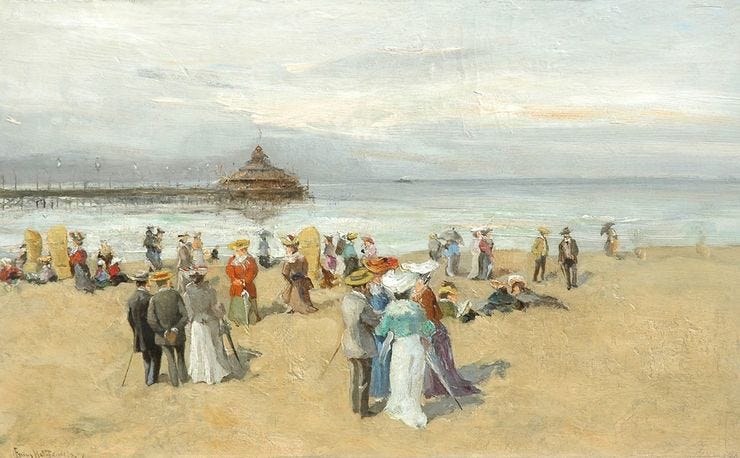 'Flaneren op het strand van Scheveningen' Olieverf op paneel: Frans Helfferich (bron: Simonis & Buunk) 'Flaneren op het strand van Scheveningen' Olieverf op paneel: Frans Helfferich (bron: Simonis & Buunk)