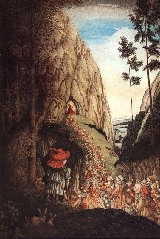 This may contain: an image of a painting with people in the woods and onlookers looking at it