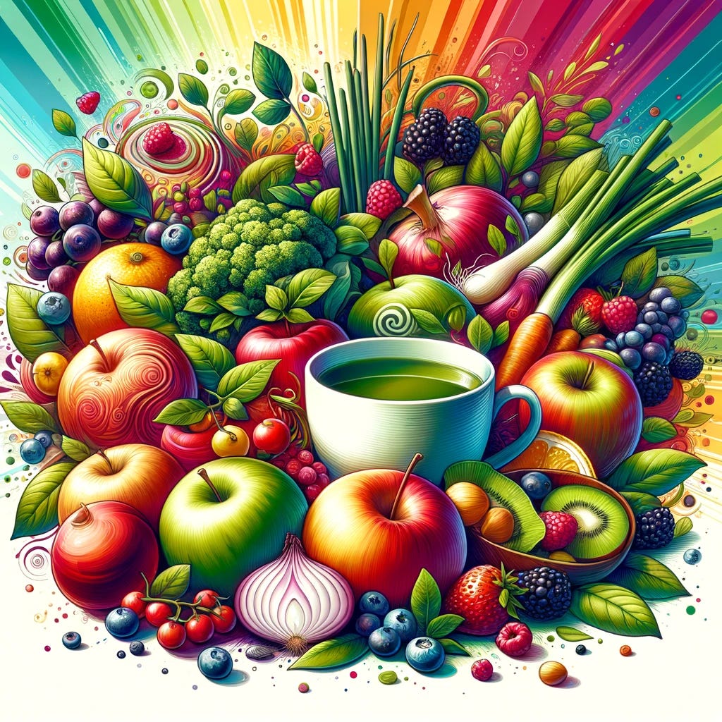 A vibrant and colorful illustration featuring a variety of fruits and vegetables, such as berries, apples, onions, and a cup of green tea, arranged in a captivating composition that symbolizes health and longevity. The image should convey a sense of vitality and the nutritional power of plant-based foods without showing any text or numbers. The background should be lively yet not distract from the focus on the flavonol-rich foods, creating an inviting and positive atmosphere that encourages healthy eating habits.
