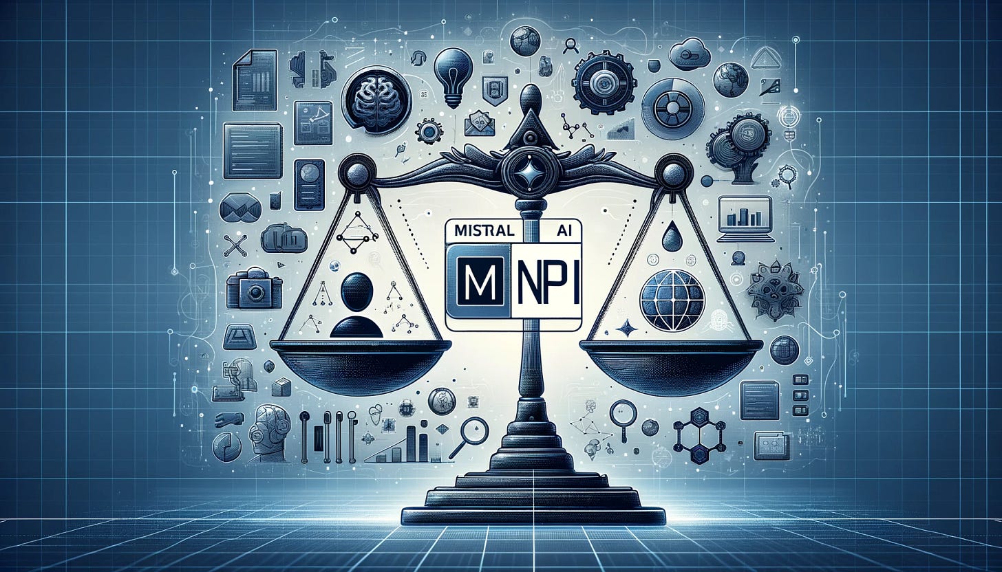 A digital illustration depicting the Mistral AI Non-Production License (MNPL). Show a balance scale symbolizing the balance between openness and business growth. Include icons representing research, technology, and innovation, with a backdrop of AI elements and a transparent framework. The mood should be professional and forward-thinking.