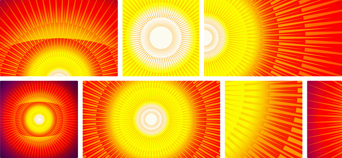 Illustration of a complex geometric sun rendered in shades of orange, red, and purple, divided into multiple differently shaped boxes.