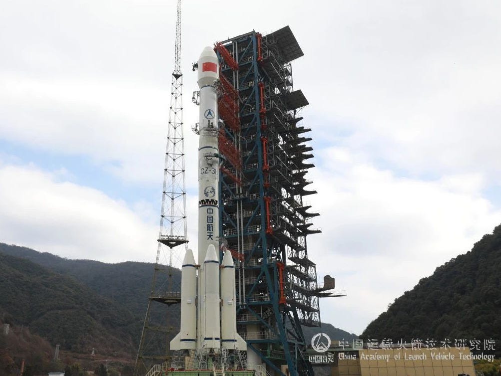 The Long March 3B/E Y106 vehicle at Launch Complex 2 ahead of launch.