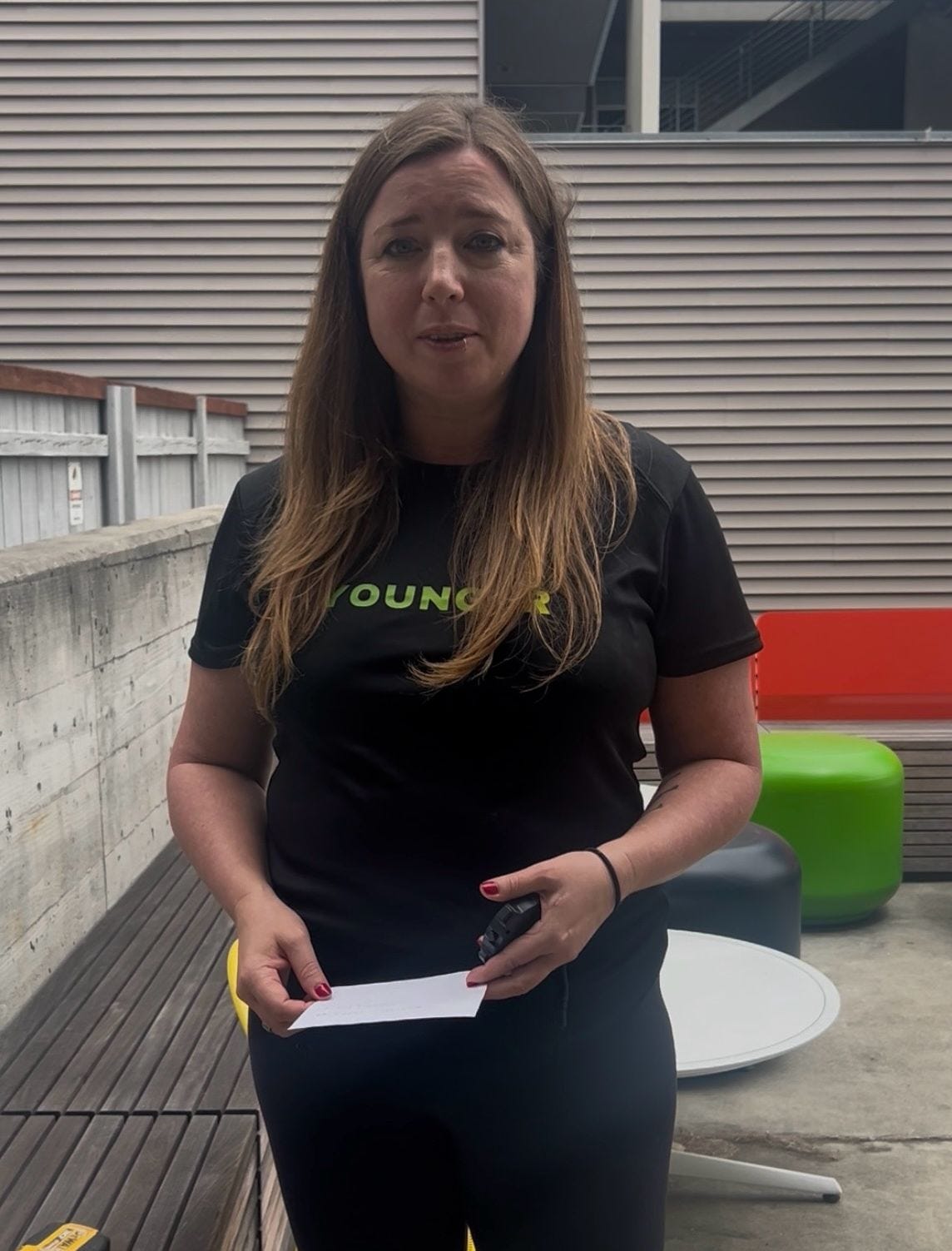 Filming the Younger sit-to-stand baseline instructions at MBC Biolabs (NeuroAge HQ) in July 2026